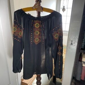 Embroidered Black Peasant Blouse - Women's Long Sleeve